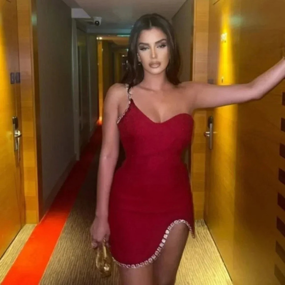 Zara Chain Trim  Asymmetric Mini Dress Red Tweed Blogger Fave Size Large NWT - Picture 6 of 16